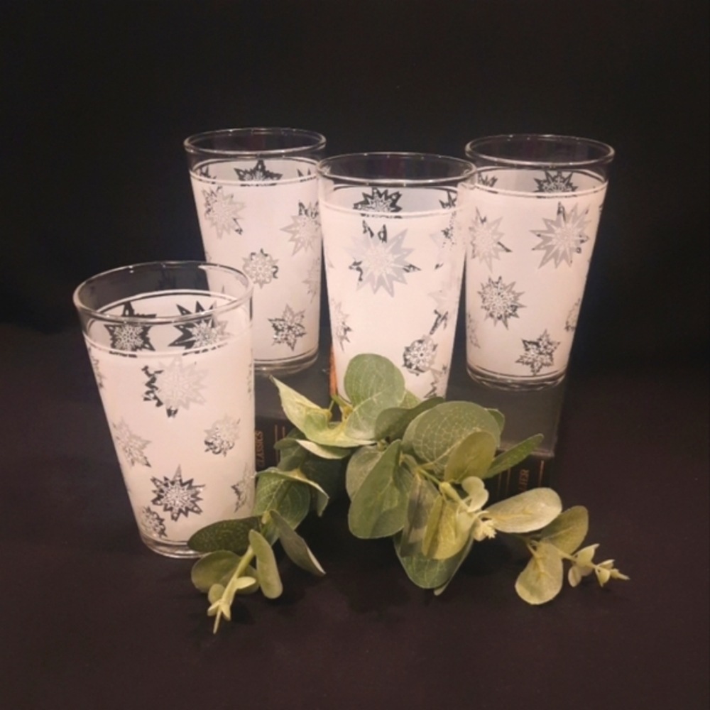 Vintage Federal Atomic Snowflake Frosted 10 oz. Tumblers MCM Barware ~ Set of 4